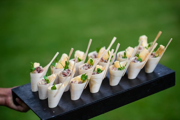 wedding appetizer in sustainable bamboo wrapper